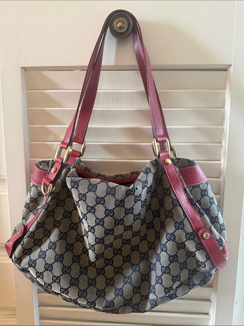 Gucci Blue-Beige GG Canvas Shoulder Bag with Red Trim